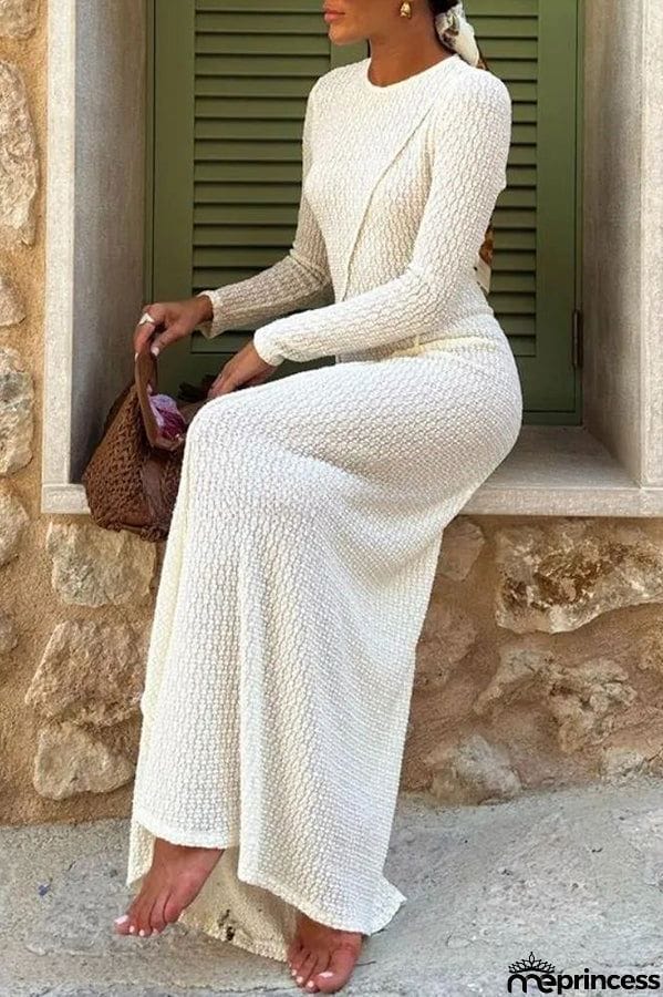 Knitted Crew Neck Long Sleeve High Waisted Maxi Dress