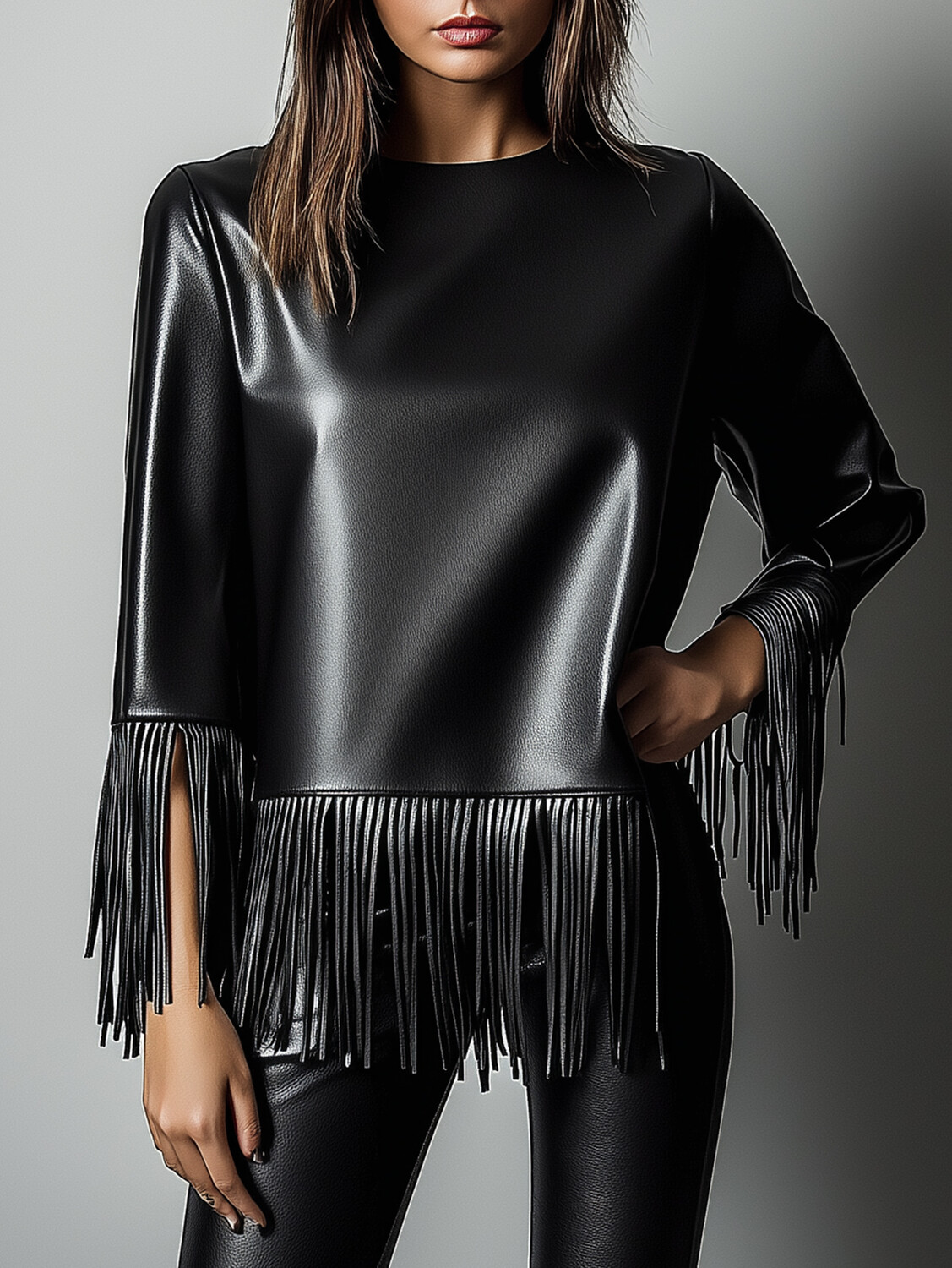 Ursime PU Leather 3/4 Sleeve Fringe Hem Blouse