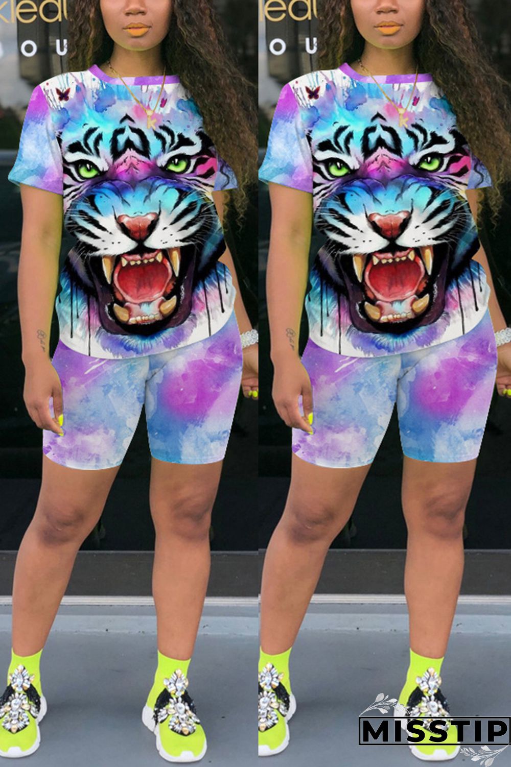 Yellow knit Sexy Patchwork Print Straight Short Sleeve Two Pieces