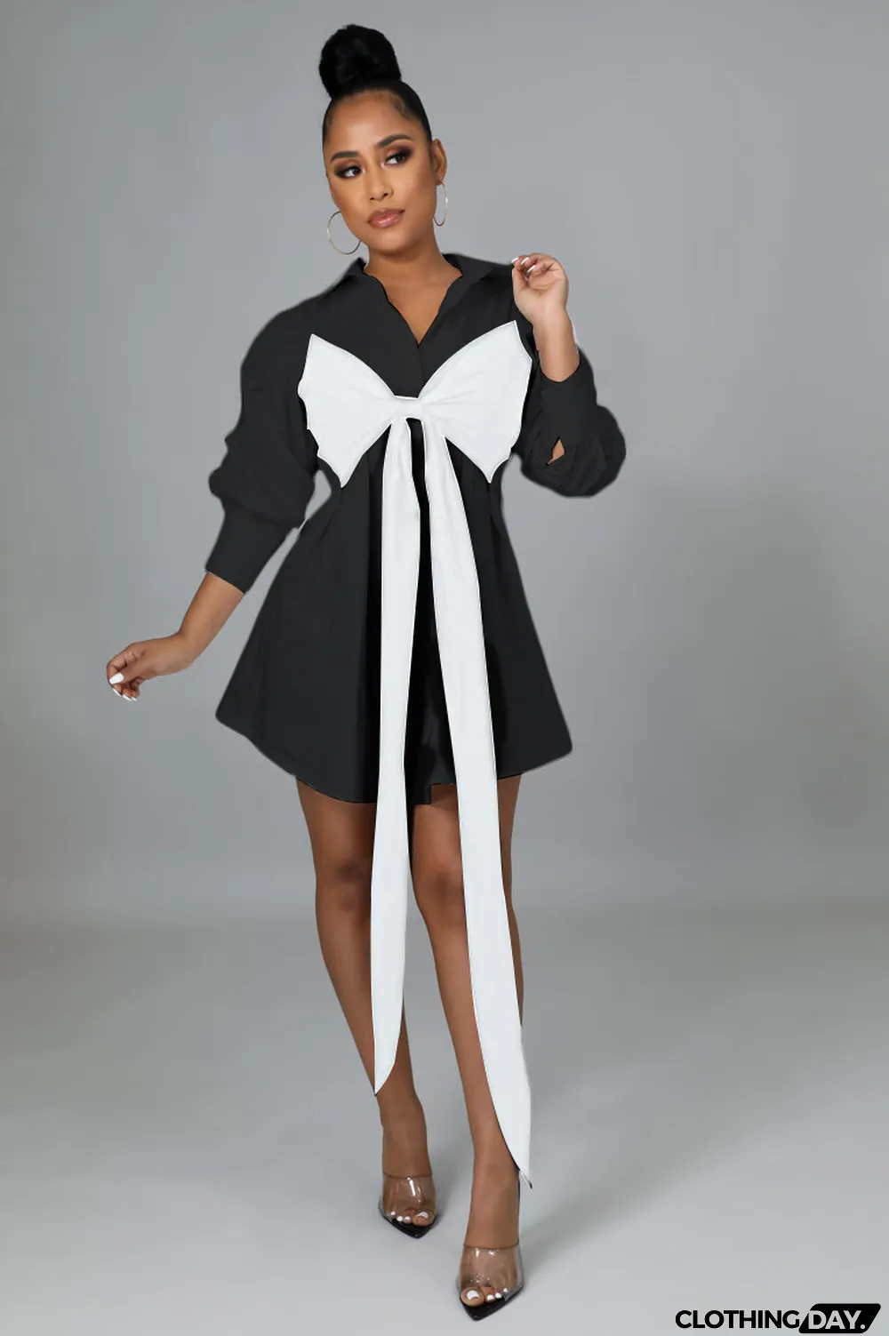 Contrast Colot Bow-Tie Long Sleeve Shirt Dress