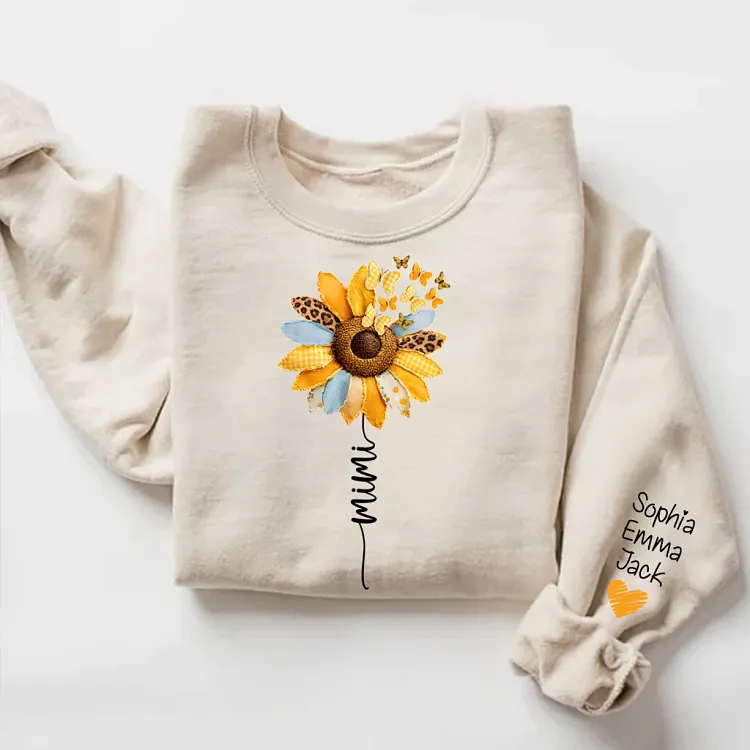 Personalized Mimi Sunflower Sweatshirt, Custom Grandkids Names Sleeve, Patchwork Floral Mimi Shirt, Fall Grandma Gift