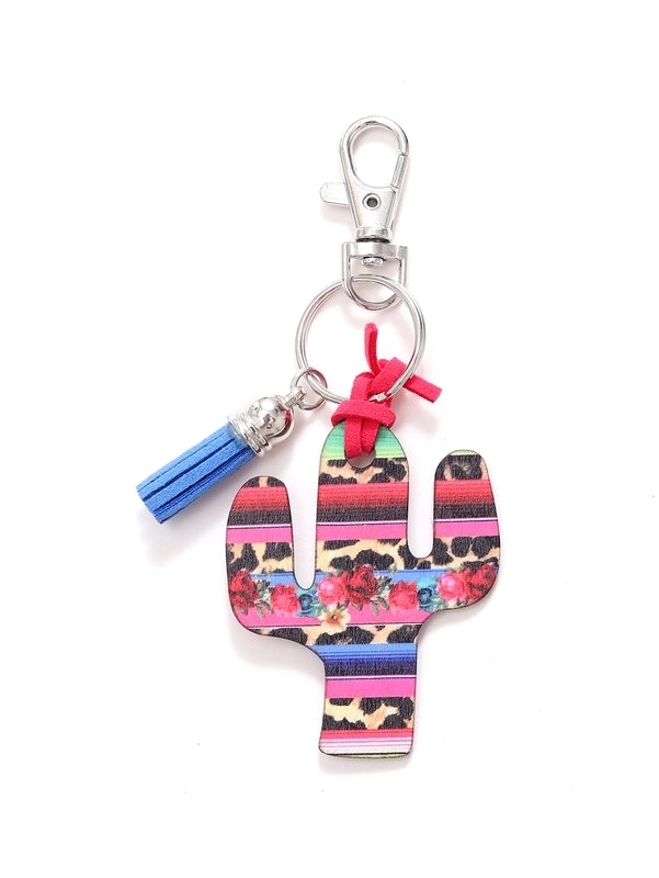 Classic Style Commute Cactus Printing Wood Bag Pendant Keychain