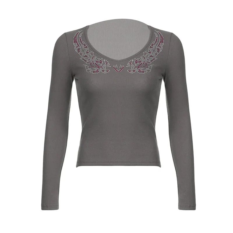 Xingqing Angel Wings Print Tops Fairy Grunge Graphic T Shirts Vintage Indie Aesthetic Clothes Cyber Y2k Slim Long Sleeve Top