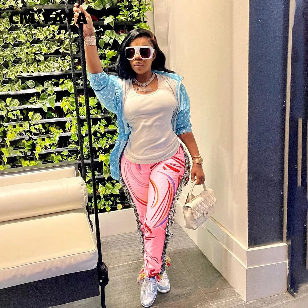 CM.YAYA Autumn Spring Women Pants High Waist Activewear Pencil Trousers Sporty Print Tassel Jogger Pants Sweatpants