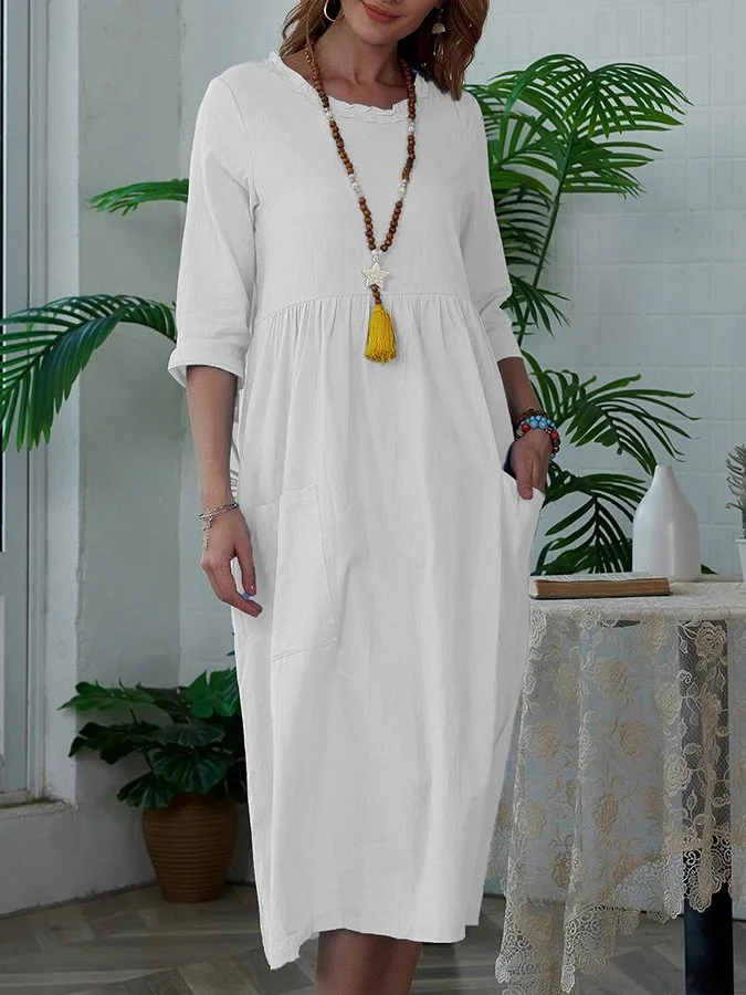 Women's Fashion Simple Solid Color Round Neck Mid Sleeve Dress
