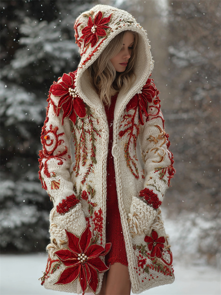 Comstylish Classy Elegant Christmas Poinsettia Cozy Hooded Cardigan