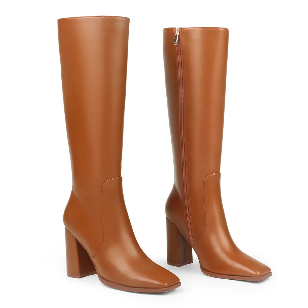 95mm/3.74 Women's Knee High Boots Chunky Heels Square Toe Boots Go Go Boots with Side Zipper-vocosishoes