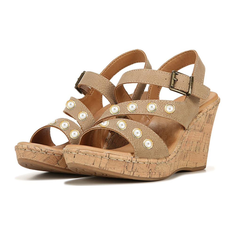 Brown  Sandals With Pearl Ankle Strap Platform Wedge Heel Sandals Nicepairs