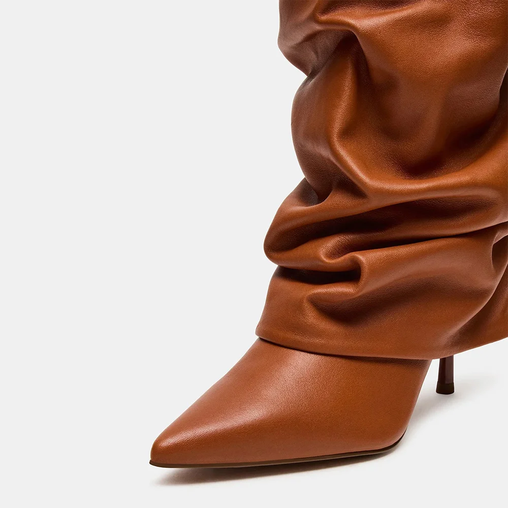Tan Pointed Toe Stiletto Heel Fold Over Slouch Boots for Women