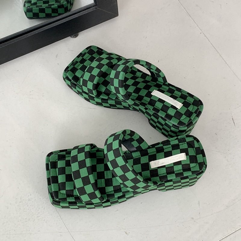 SUOJIALUN 2022 Summer Fashion Platform Wedge Slides Casual Brand Checkerboard Design Ladies Slipper Outdoor Casual Sandal Shoes