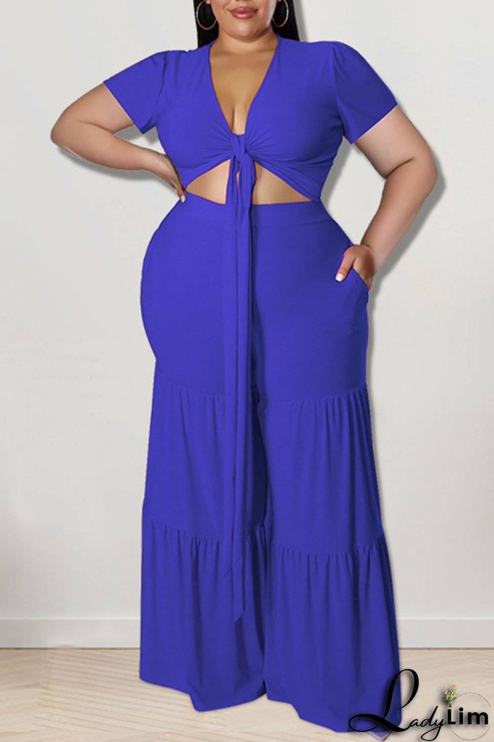 Black Casual Solid Bandage Patchwork V Neck Plus Size Two Pieces