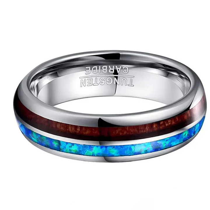 thumbnail interactive-video image 1 of 8mm Tungsten Ring For Men – Hawaiian Koa Wood & Abalone Shell Inlay – Stainless Steel 1 of 4