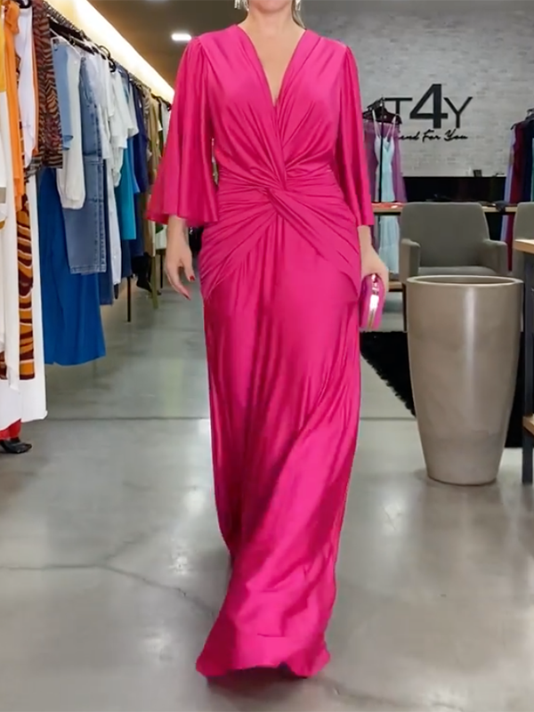 Pleated Solid Color Half Sleeves V-Neck Maxi Dresses