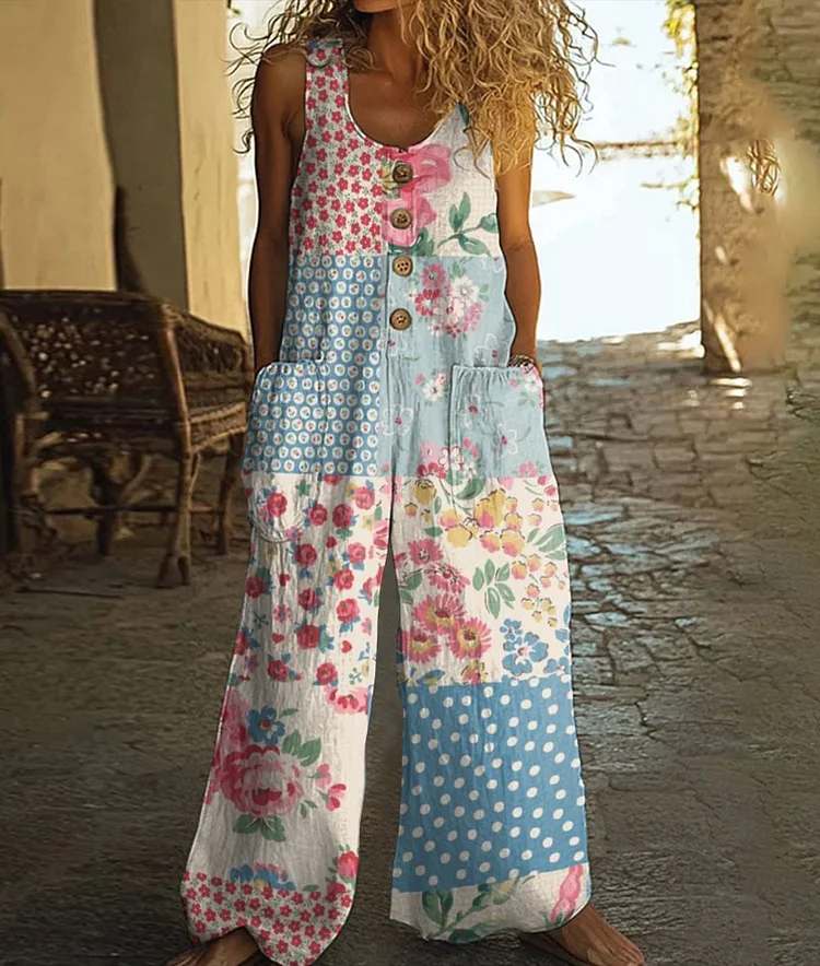 Vintage Floral Art Print Casual Wide Leg Jumpsuit