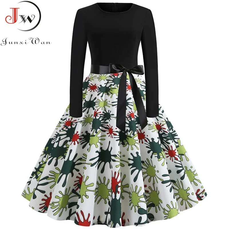 New Autumn Winter Women Plaid Print Dress Elegant Casual Vintgae Dress Robe Femme Black Patchwork A-line Party Vestidos