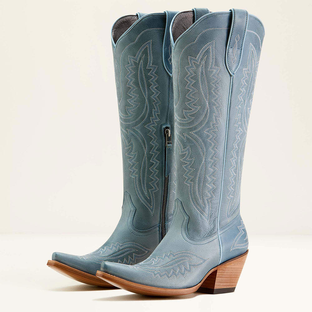 Embroidered Wing Snip Toe Mid Heel Greyish Blue Cowboy Boots for Women Nicepairs