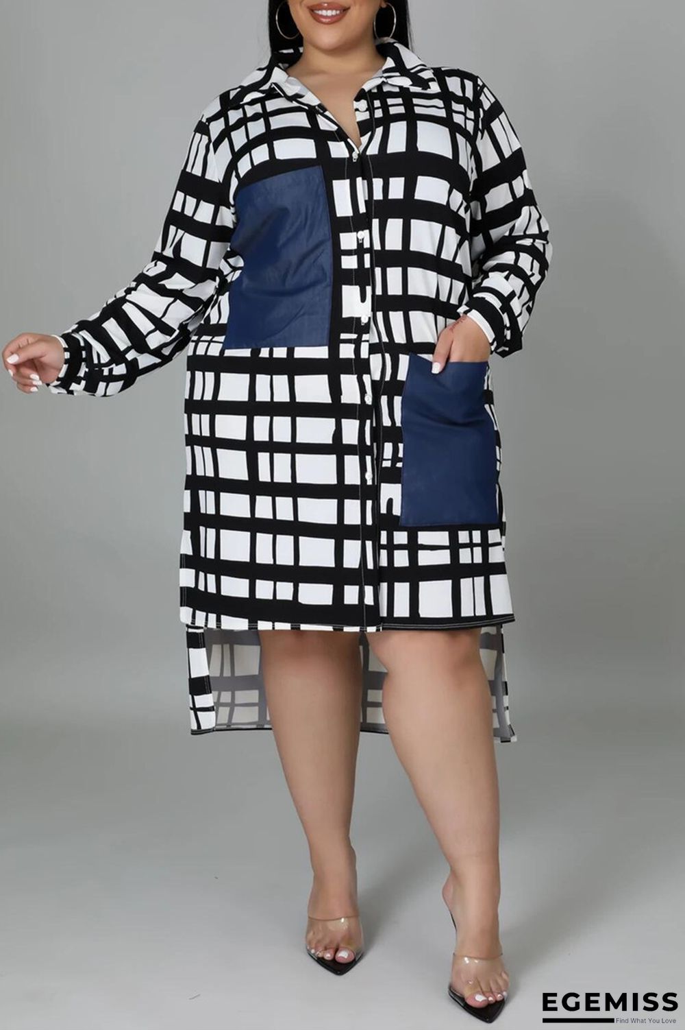 White Fashion Casual Plus Size Plaid Print Patchwork Turndown Collar Shirt Dress | EGEMISS