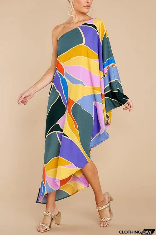 Multi Print Asymmetrical One Shoulder Dress
