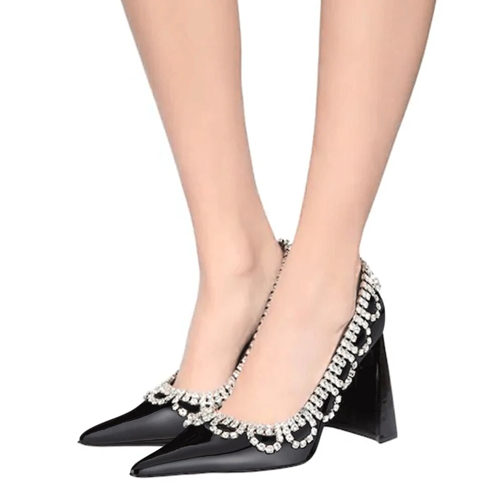 TAAFO Black Crystal Bordered High Heels Pointed Toe Woman's Pumps Wedding Party Ladies Shoes 