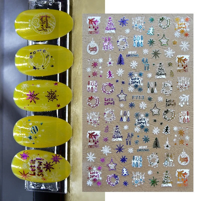 3D Christmas Nail Art Decoration Stickers Sparkly Gold White Colorful Glitter Geometry Snowflake Winter Slider Nail Foils-Nail Inspo