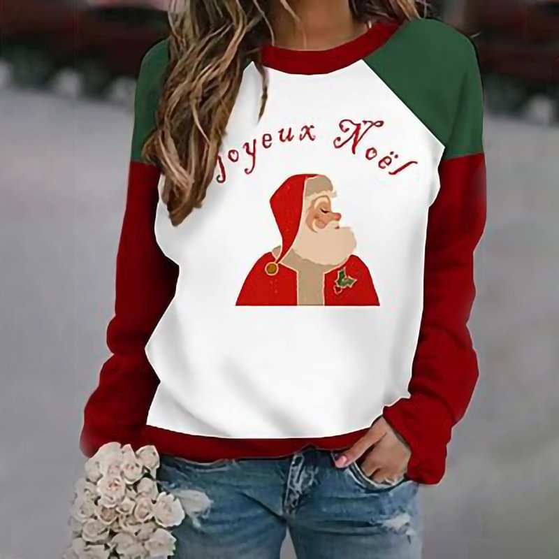 Lovely Santa Claus Print Color Block Design Women’s Sweatshirt