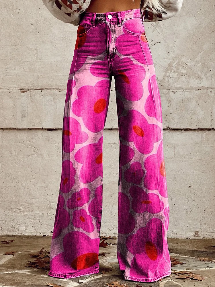Vibrant Pink Floral Pattern Printed Women's Casual Wide Leg Pants