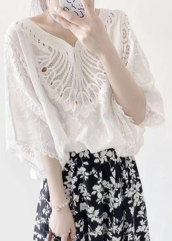 French White V Neck Hollow Out Embroideried Cotton Blouses Bracelet Sleeve