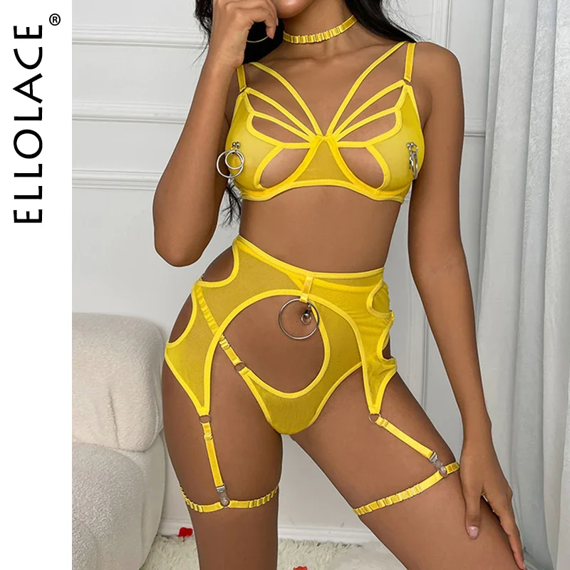 Billionm Ellolace Sexy Lingerie Cut Out Bra Erotic Brief Sets 4-Pieces Sensual Fancy Underwear Garters G-Strings Thongs Lace Exotic Set