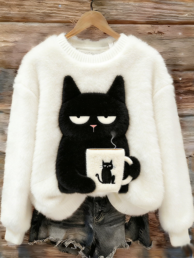 Cat Drinking Tea Flannel Crew Neck Sweatshirt wearshes