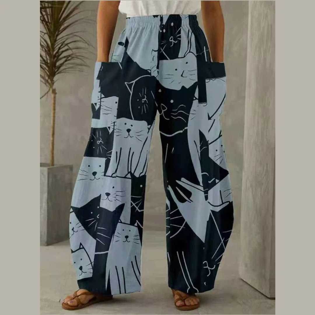 Women plus size clothing Women's Pant Printed High Waist Pocket Loose Casual Pants-Nordswear