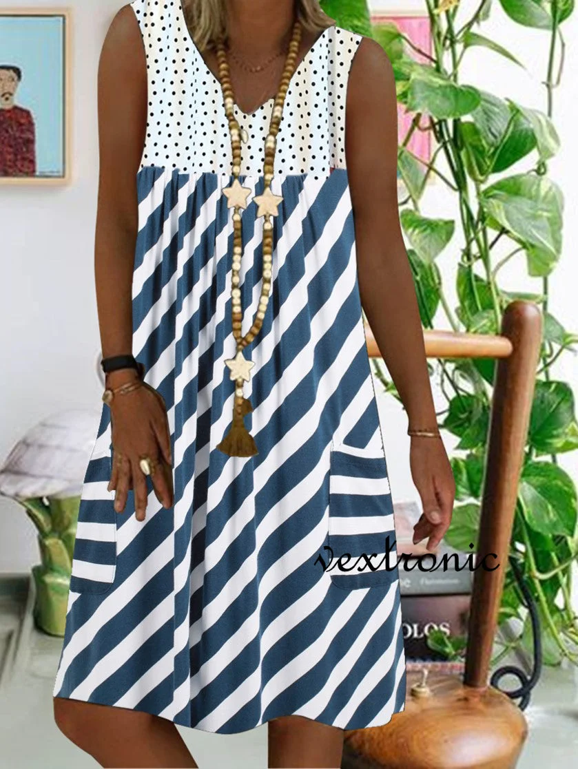 Women V-Neck Sleeveless Stripe Printed Dress