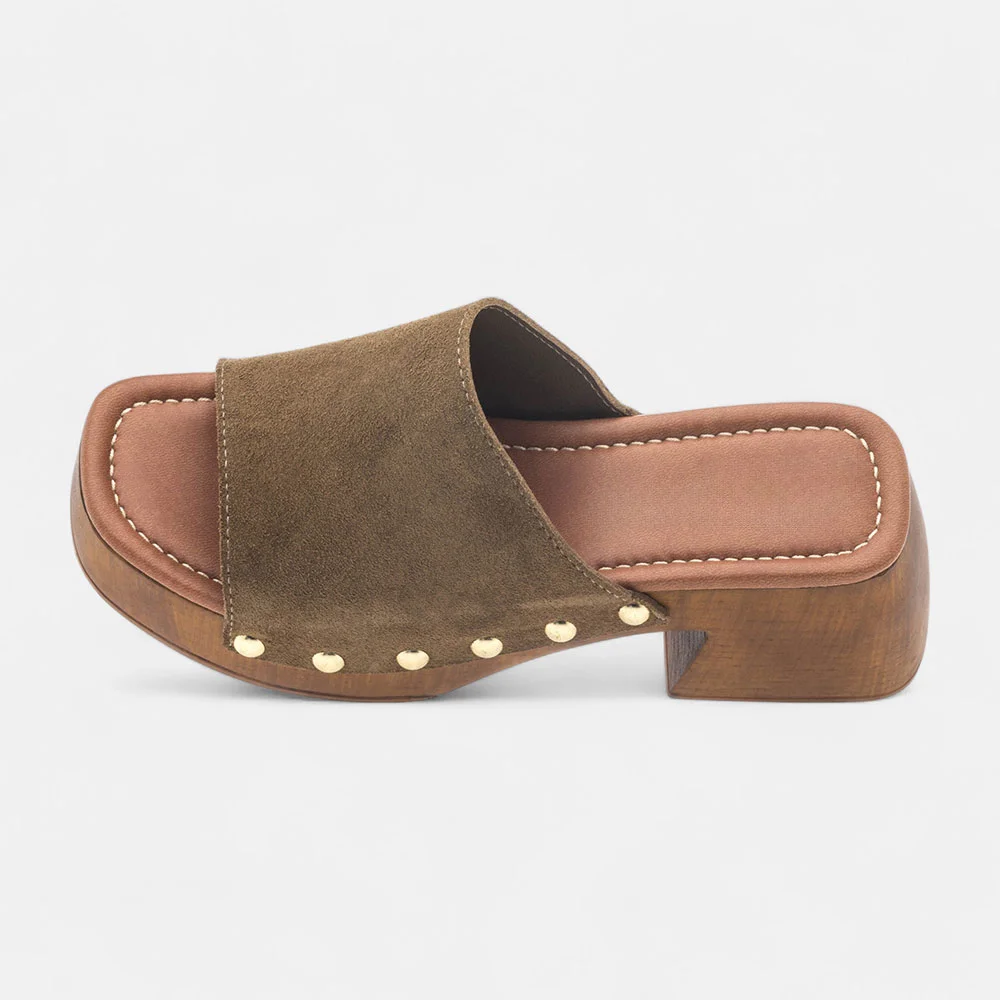 Brown Vegan Suede Open Toe Studded Block Heel Platform Slide Sandals