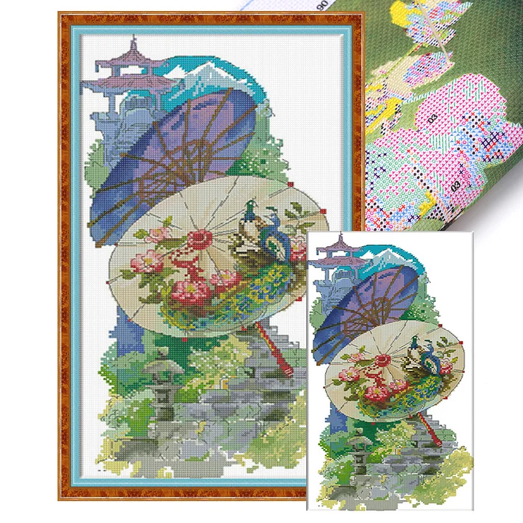 Xiaobai Brand- Chinese Style Four Seasons Umbrella-Summer- 14CT - 2 Strands Threads Printed cross stitch - 28*46cm(Canvas)(67 Colors)