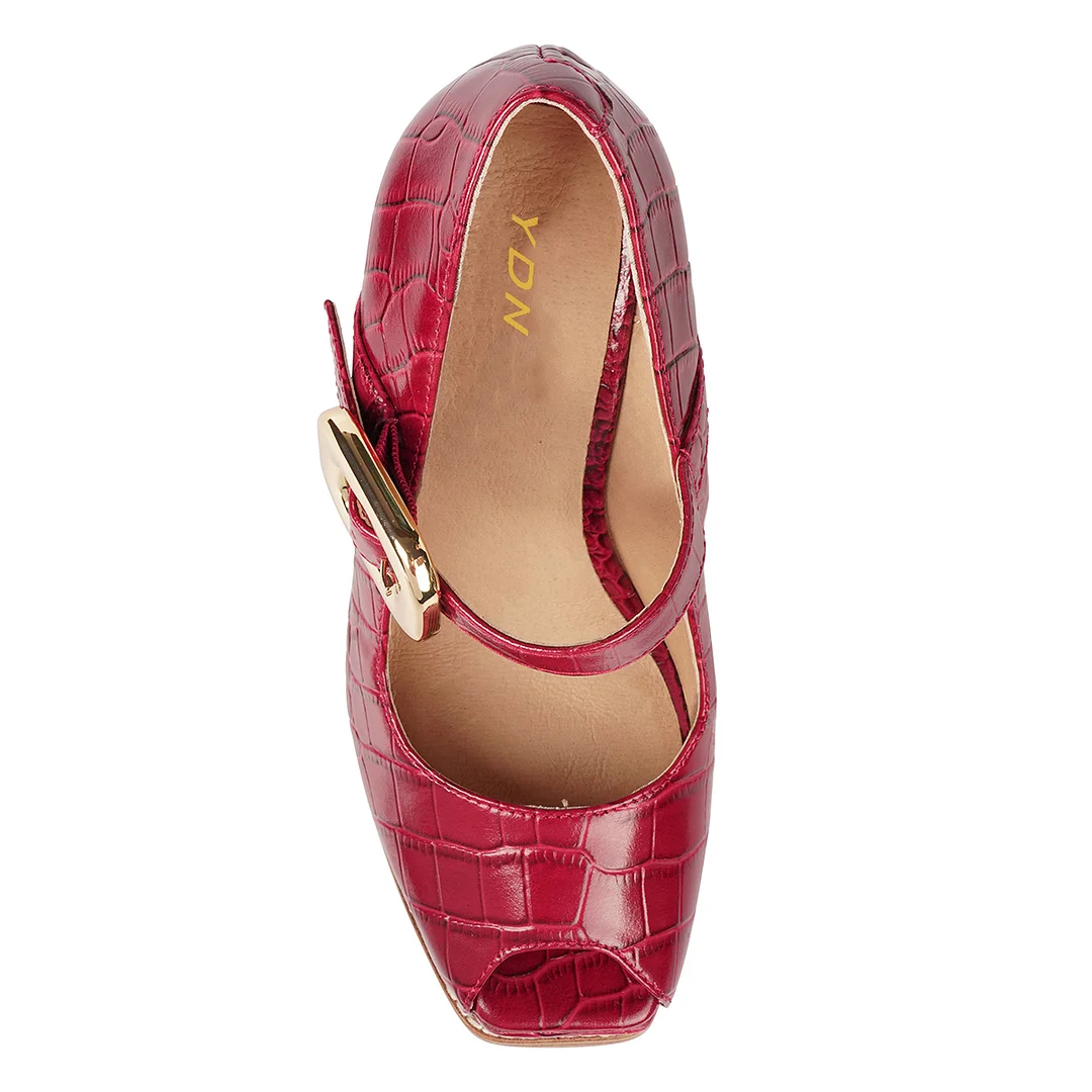 Vegan Leather Python Platform Peep Toe Woody Heel Party Pumps in Red