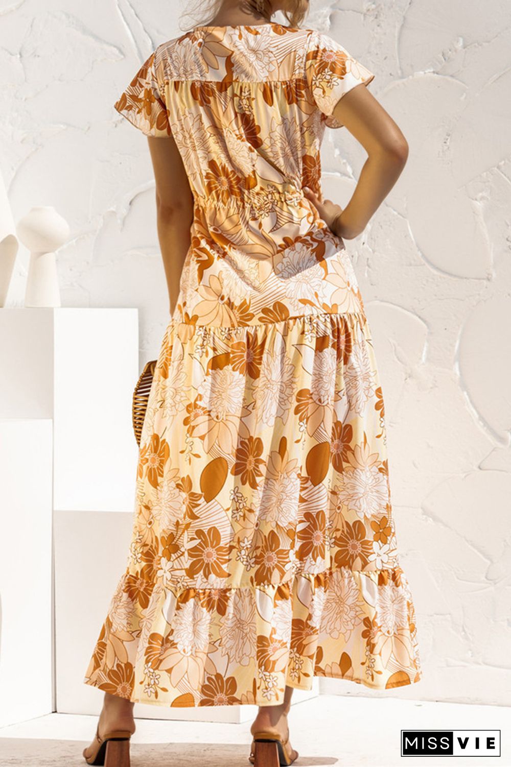 Casual Floral Bandage Buttons V Neck A Line Dresses