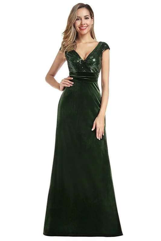 Glamorous Green Cap Sleeve Sequins Evening Gowns Mermaid V-Neck Prom Dresses - lulusllly