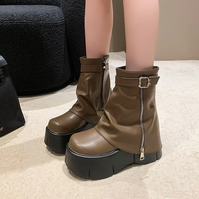 Wongn Wongn Celebrity Thick Bottom Tube Boots Female 2023 Winter New British Style Fashion Belt Buckle High Heel Small Short Boots