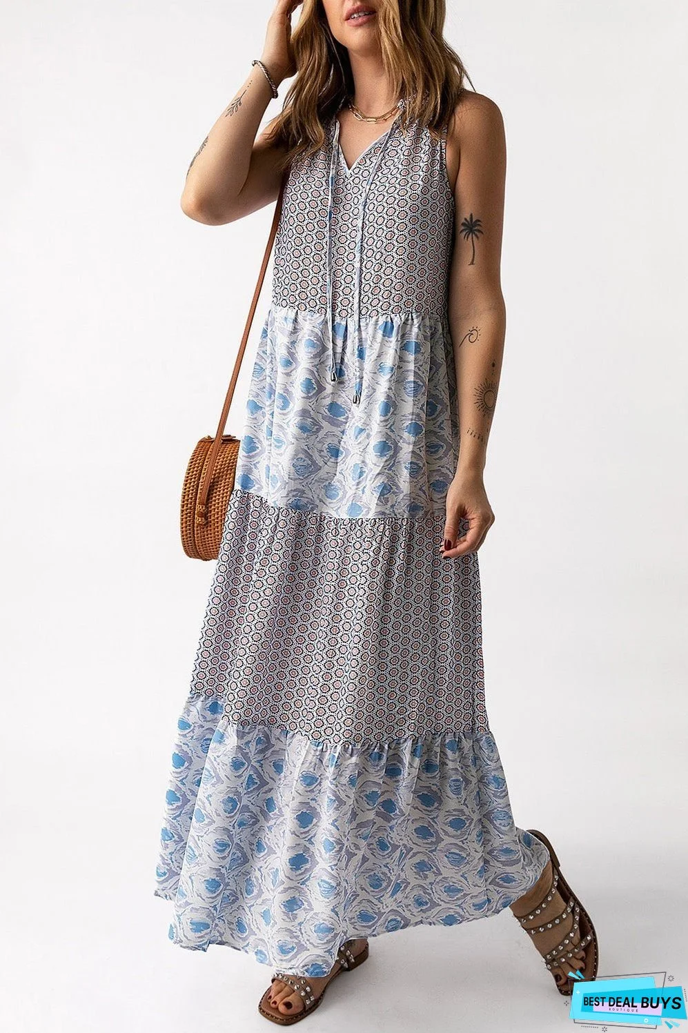 Mixed Print Tie-Neck Sleeveless Maxi Dress