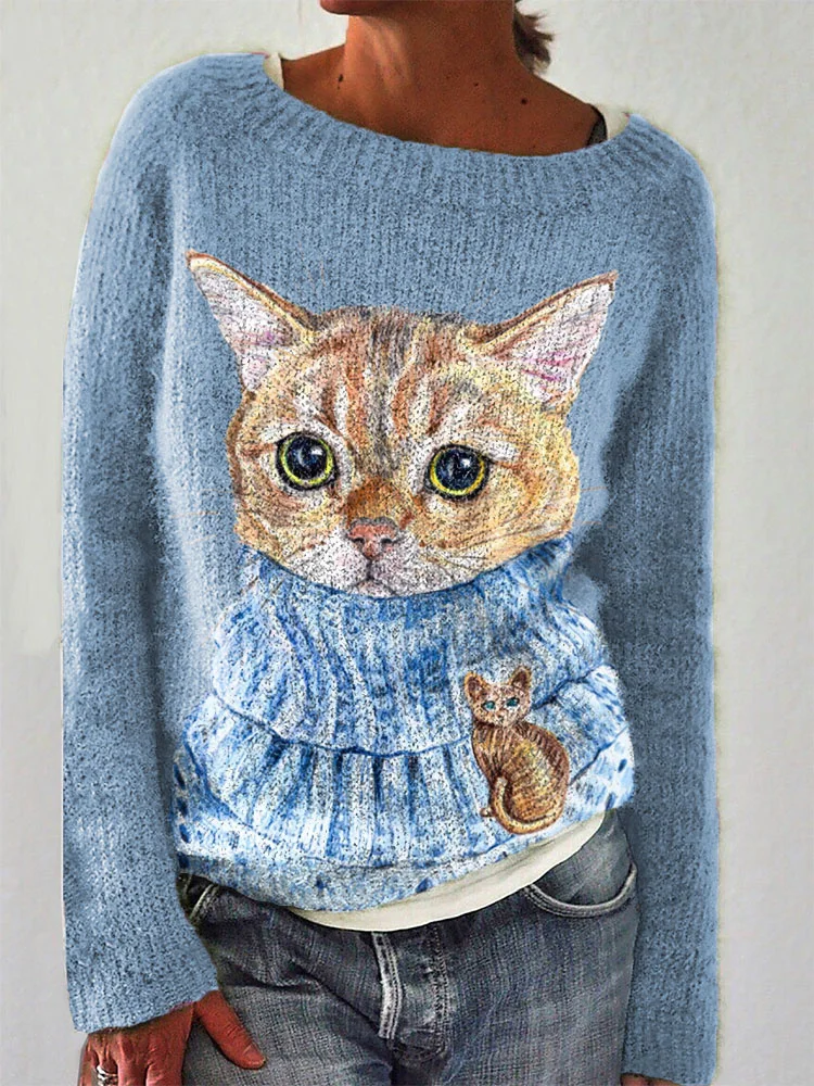 Funny Cat Print Casual Fashion Sweater