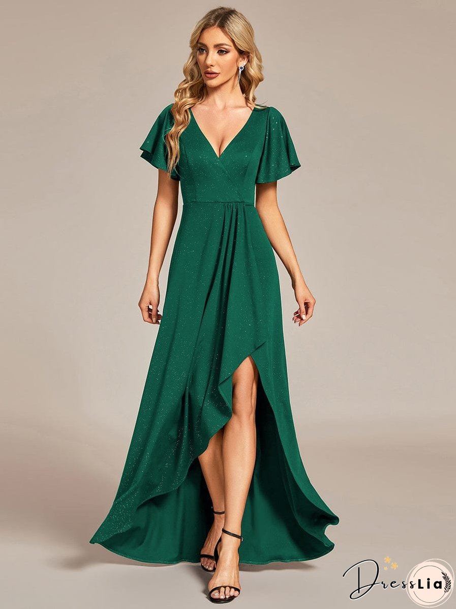 Ruffled Sleeve Tea Length Evening Dress with Side Split