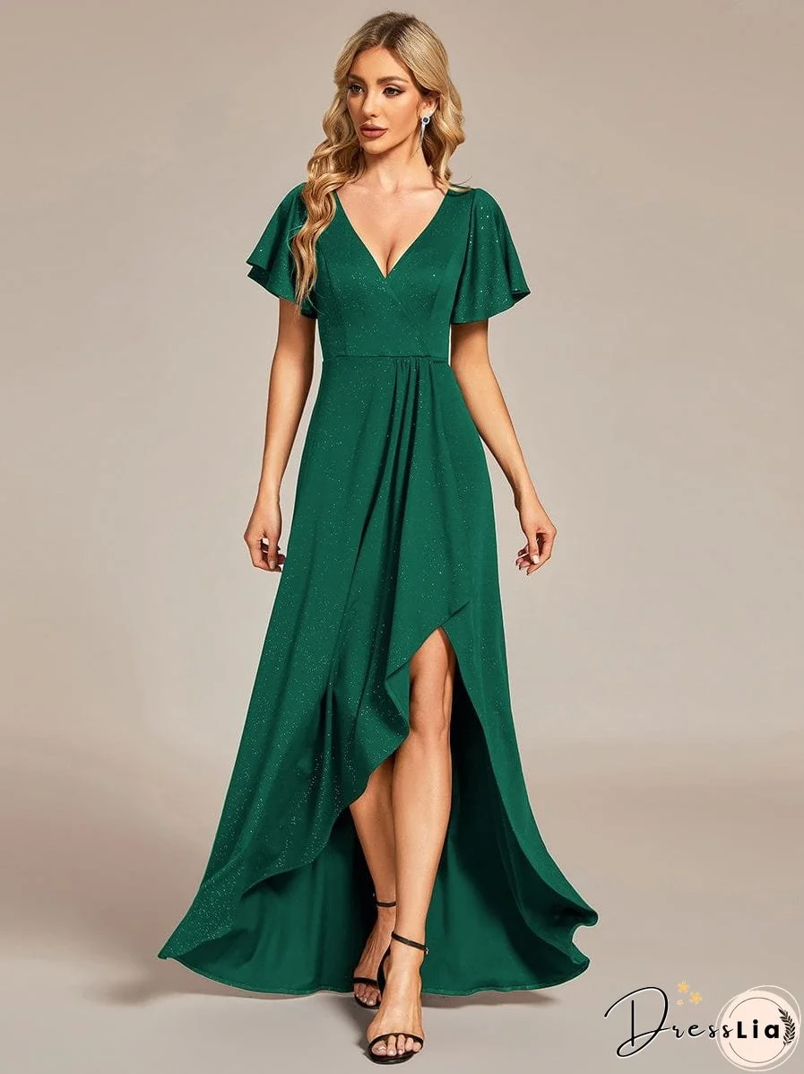 Ruffled Sleeve Tea Length Evening Dress with Side Split