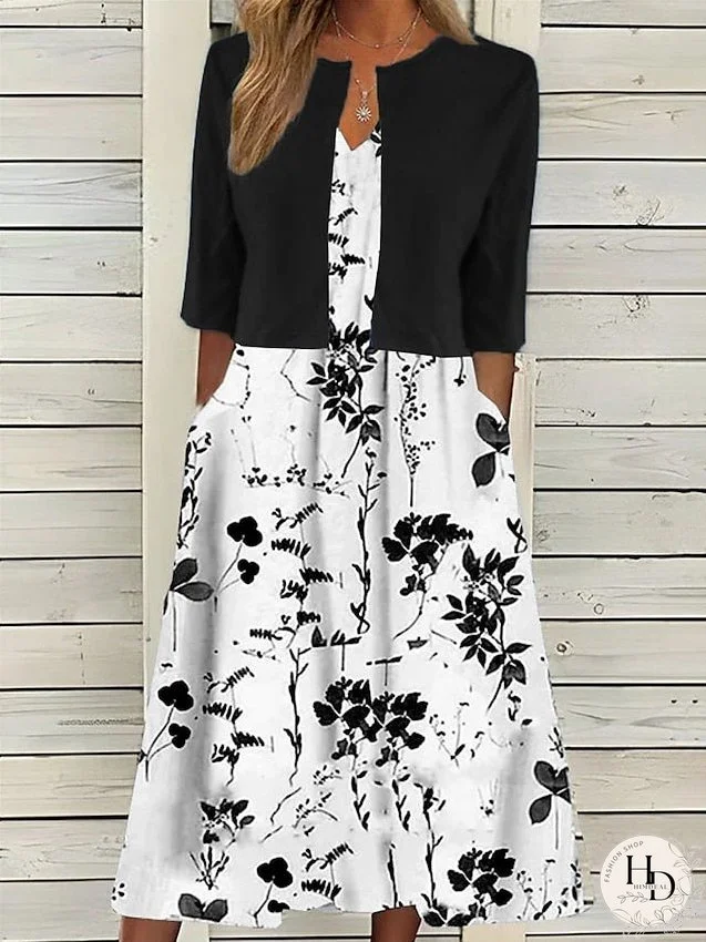 Women's Two Piece Dress Set Casual Dress Print Dress Daily Vacation Fashion Elegant Pocket Print Midi Dress Crew Neck Half Sleeve Floral Regular Fit Black Navy Blue Green Summer Spring S M L XL XXL