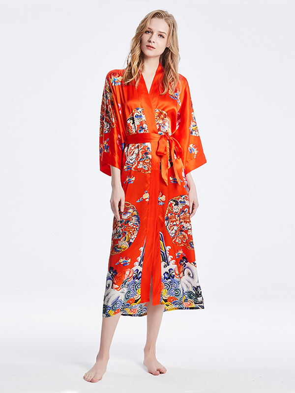 19 MOMME Kimono en soie imprimé traditionel rouge - grande taille - SOIE PLUS