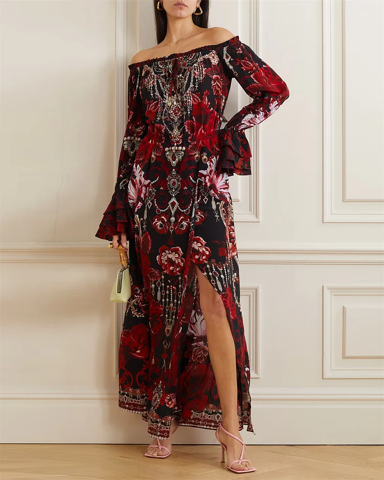 Women's One Word Collar Slit Printed Dress