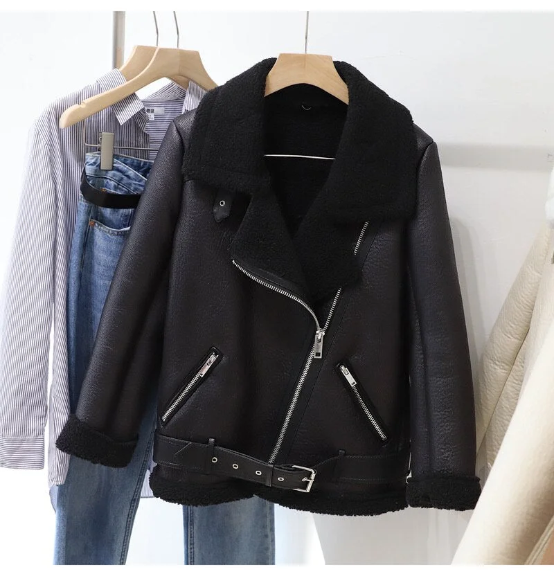 FTLZZ New Winter Women Female Fur Leather JacketFaux Lamb Leather Jacket Aviator Jacket Thick Faux Leather Fur Sheepskin Coat