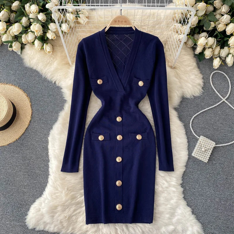 Women Knitted Pencil Dress Korean Long Sleeve V Neck Elastic Slim Dress Autumn Winter Sexy Bodycon Warm Sweater Dress