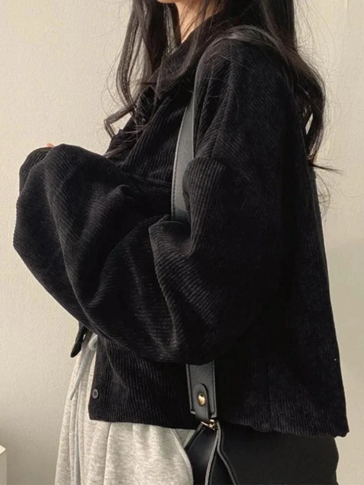 Brownm Vintage Corduroy Lapel Neck Button Long Sleeve Blouse