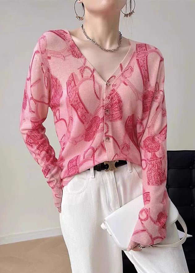 VCSHOES Pink Print V Neck Button Knit Tops Long Sleeve