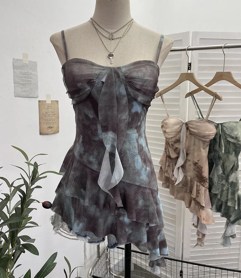 Uveng Real Shooting 2025 Spring And Summer New With Chest Cushions Dyed Mesh Sling Sling Vest Irregular Lotus Leaf Side Top 1139