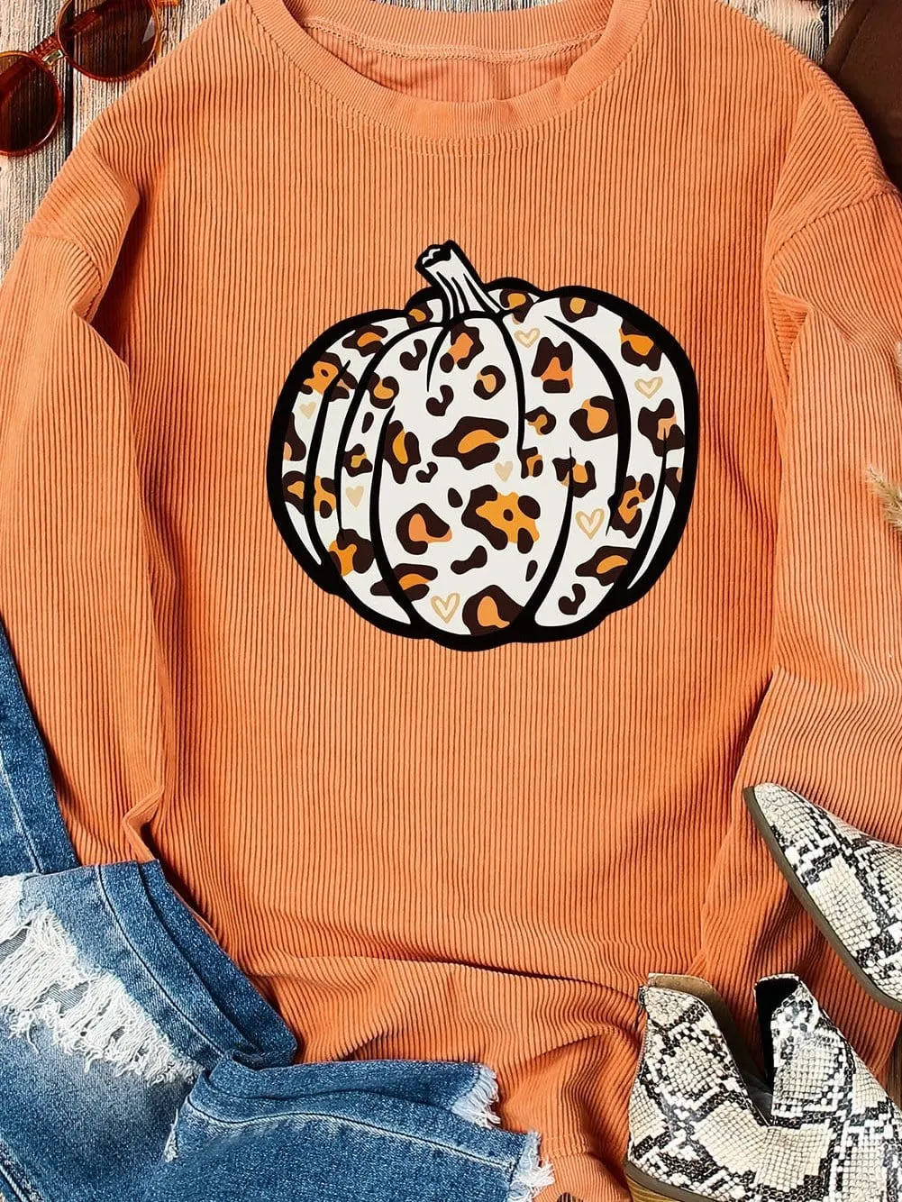 Leopard Pumpkin Orange Corded Graphic Sweater